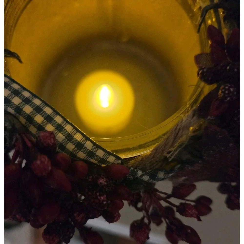 Vintage Glass Candle Holder Lantern‎ Jar Metal Handle Farmhouse Rustic Decor